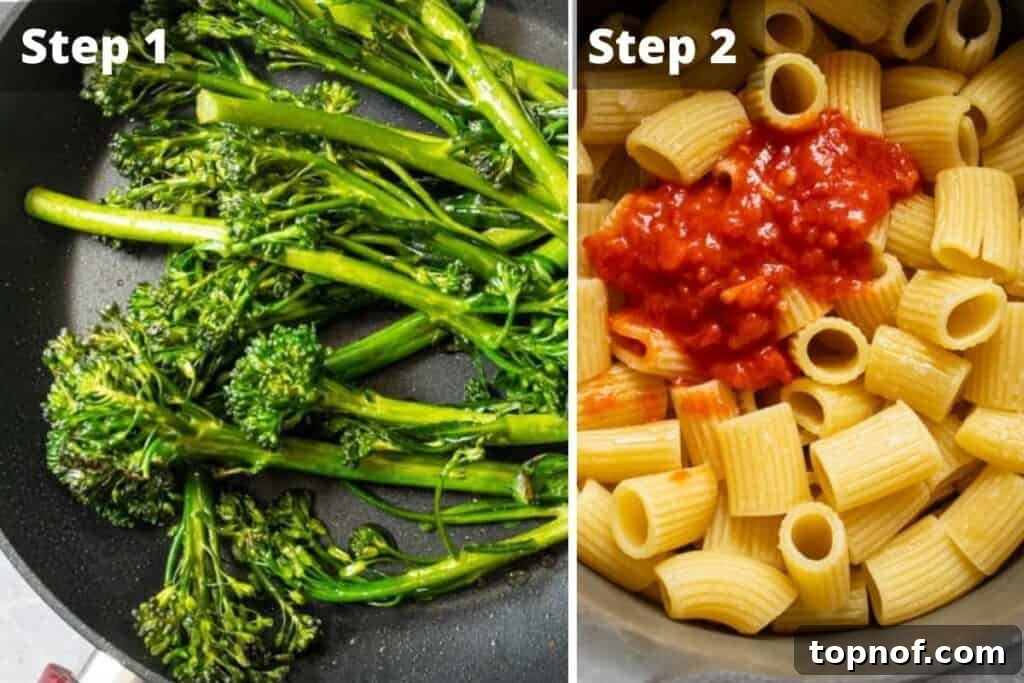 Fiery Harissa Pasta 4 Step-by-step image of cooked broccolini in a pan, ready for the next stage of the recipe. This photo captures the vibrant green and slightly charred edges of the tender vegetable.