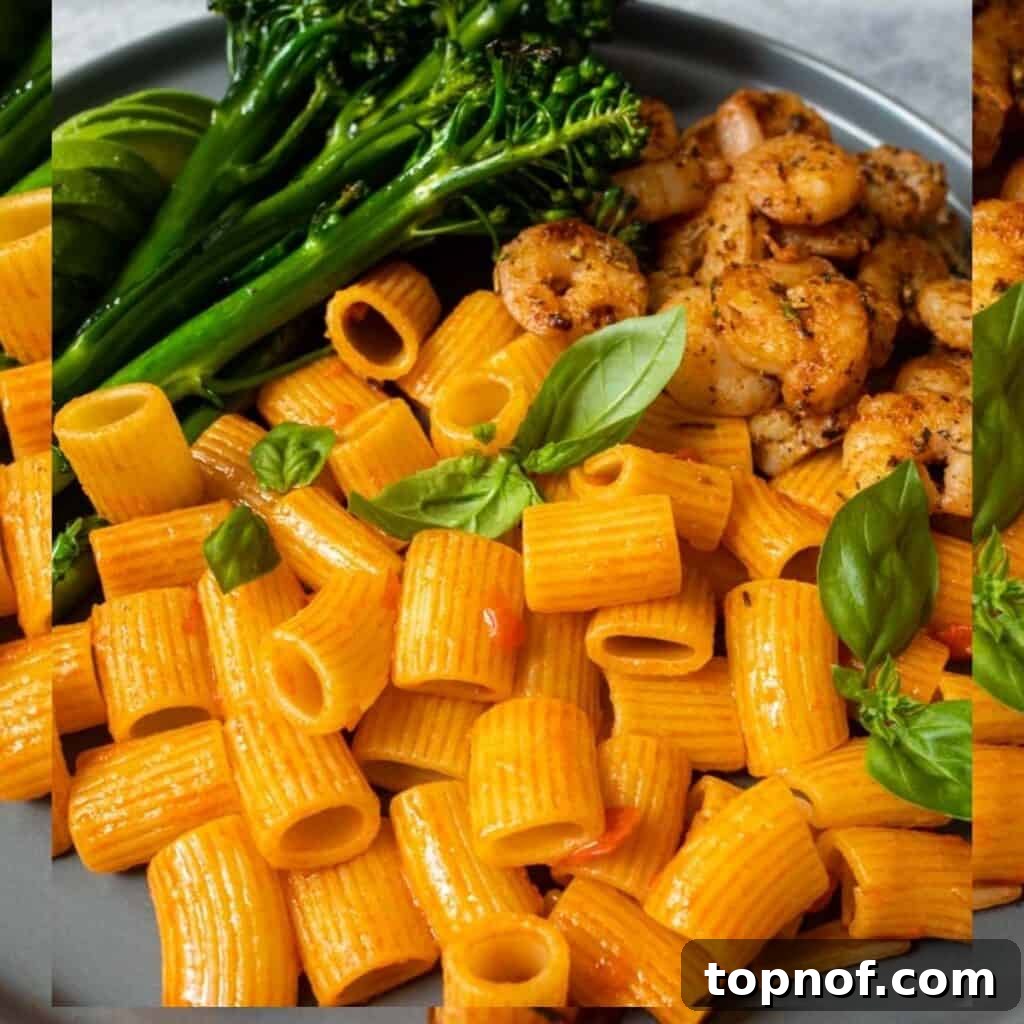 Fiery Harissa Pasta 5 Close up photo of shrimp and pasta on a gray plate, showcasing the vibrant colors and appealing texture of the dish. The harissa-coated pasta, succulent shrimp, and green accents are clearly visible.