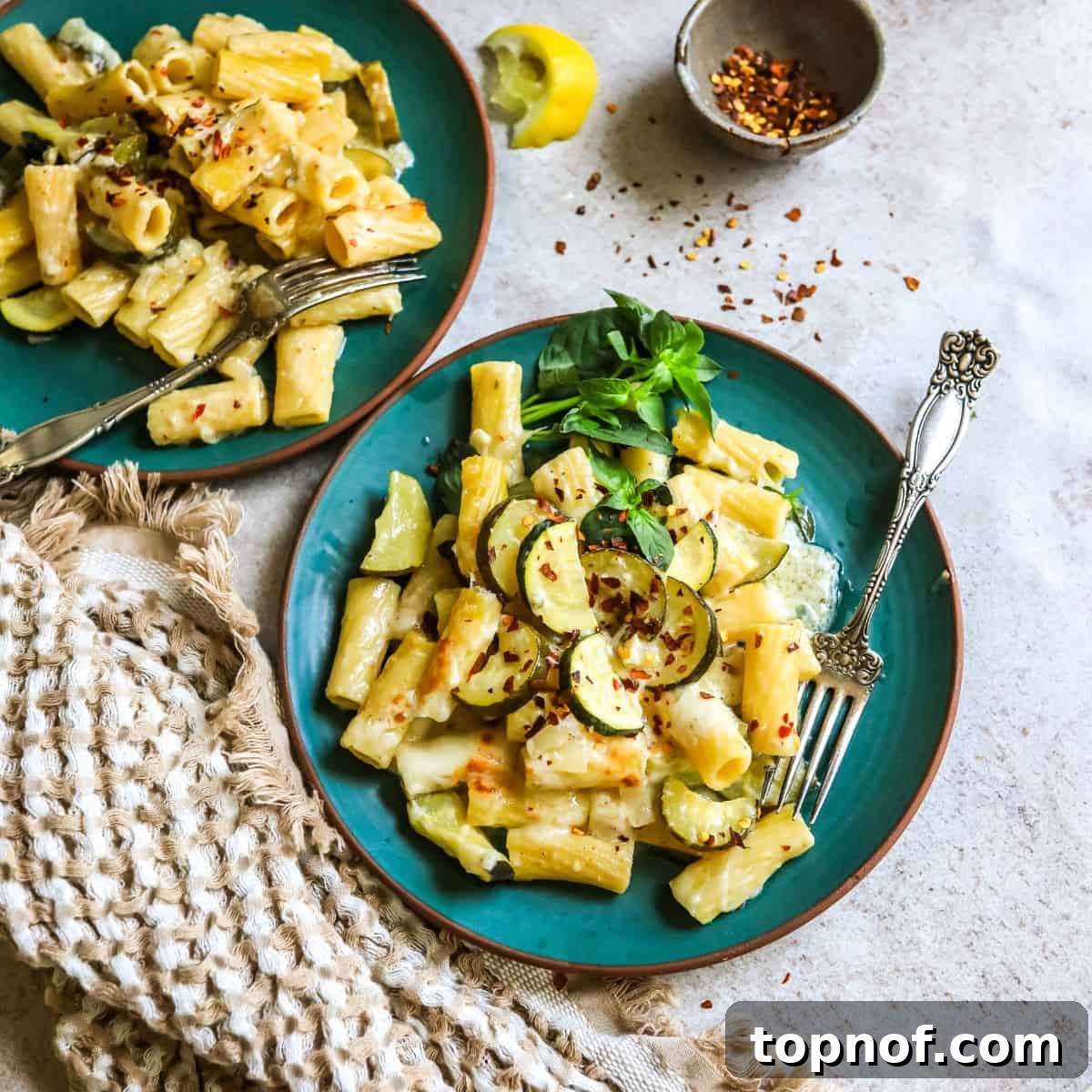 Zesty Pepper Lemon Pasta 2 A vibrant green ceramic plate filled with Lemon Pepper Pasta, garnished with fresh herbs and served with silver forks, highlighting its appetizing appeal.