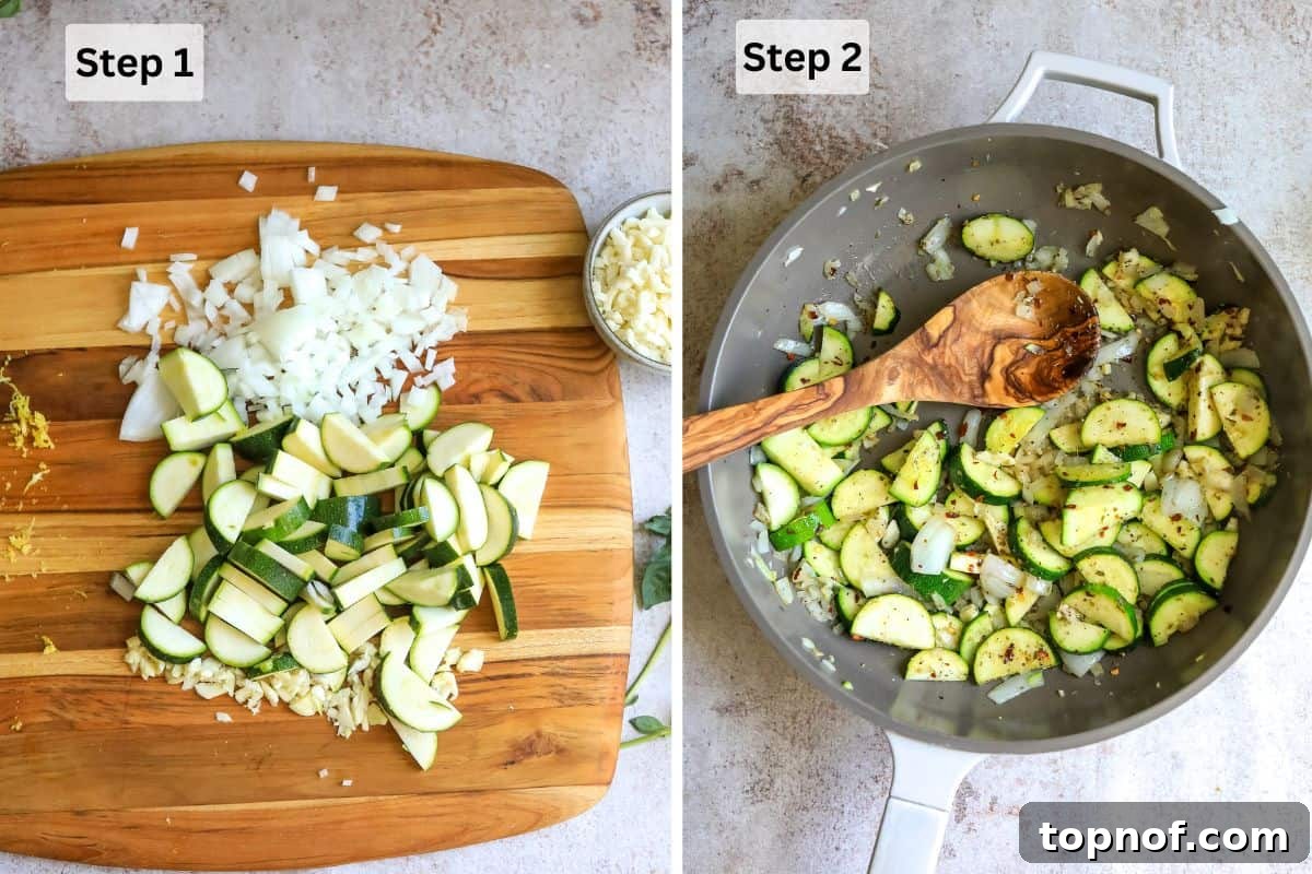 Zesty Pepper Lemon Pasta 4 A cutting board displaying freshly chopped zucchini and onions, ready for cooking, next to a sharp knife.