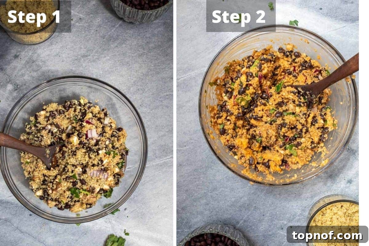 Plant-Powered Buffalo Stuffed Peppers 4 A visual step-by-step guide showing the process of preparing vegetarian stuffed peppers, from slicing peppers to mixing the filling.