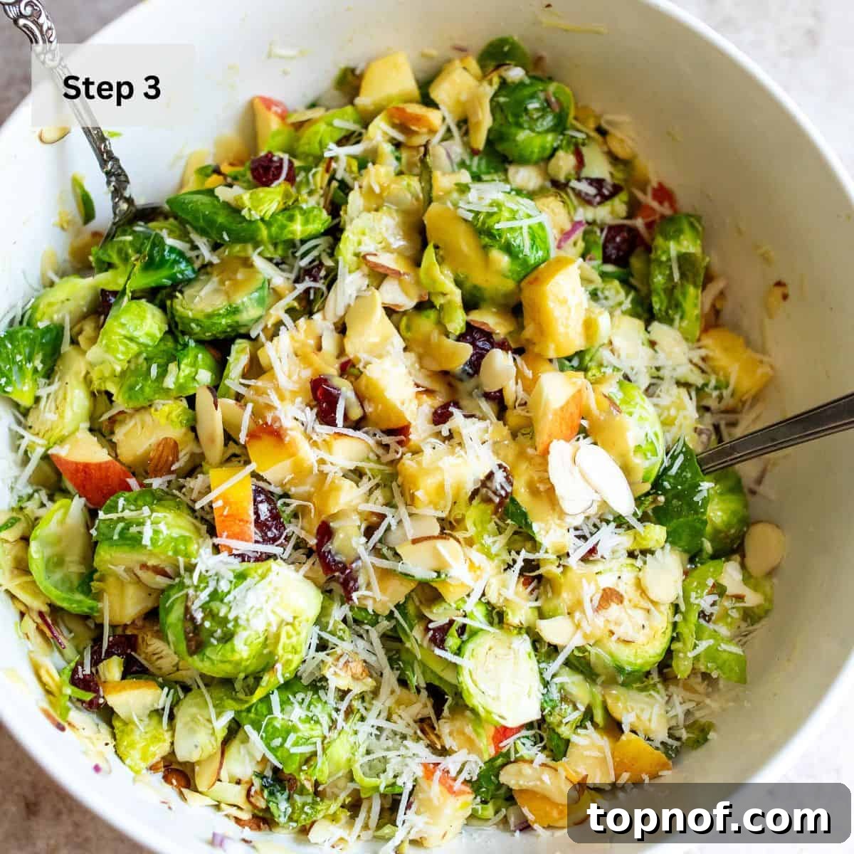Golden Roasted Brussels Sprout Salad 5 Large white ceramic bowl with warm roasted Brussels sprouts, apples, cranberries, nuts, and cheese, drizzled with honey mustard dressing and ready to serve.