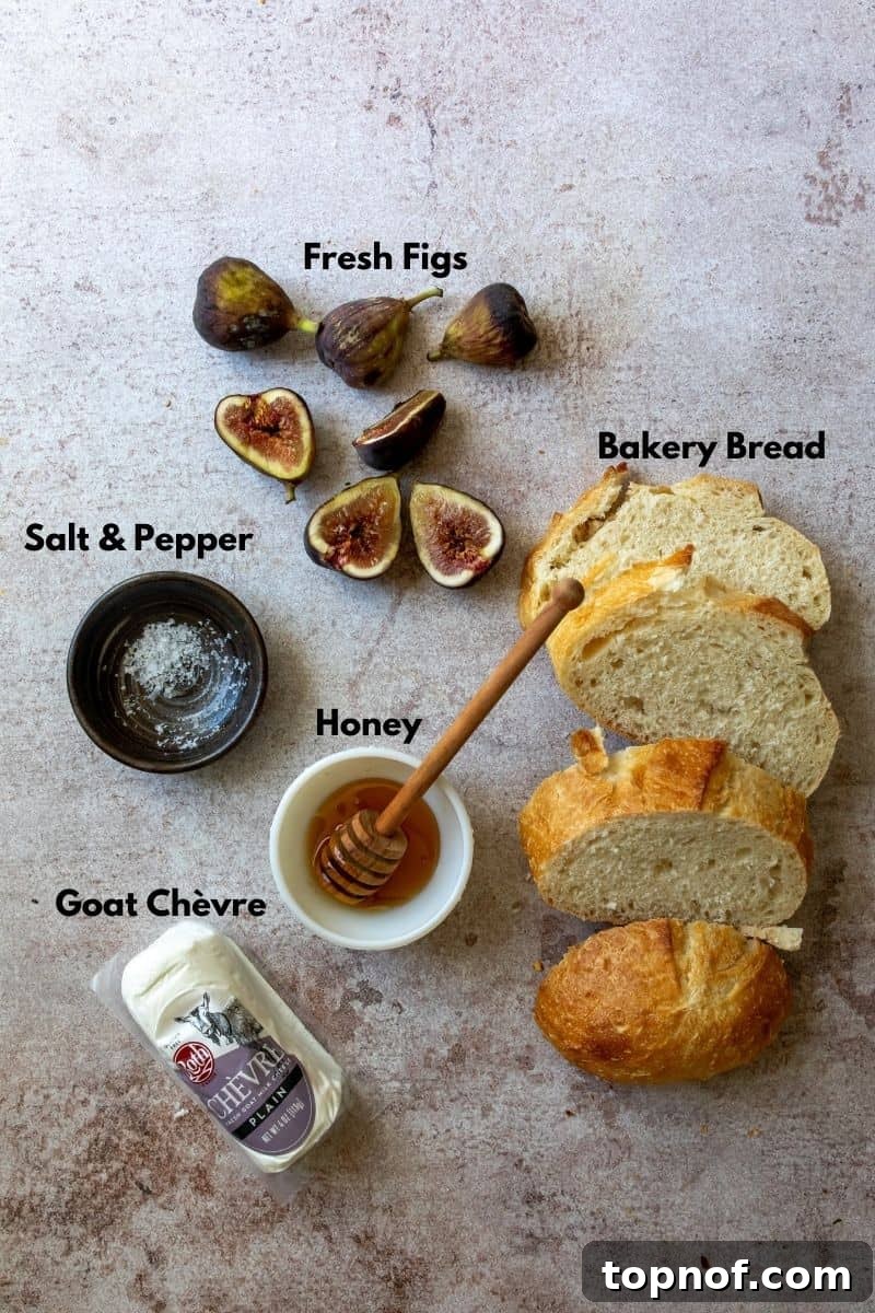 Ingredients for baked goat cheese, including a log of goat cheese, fresh figs, and bread slices.