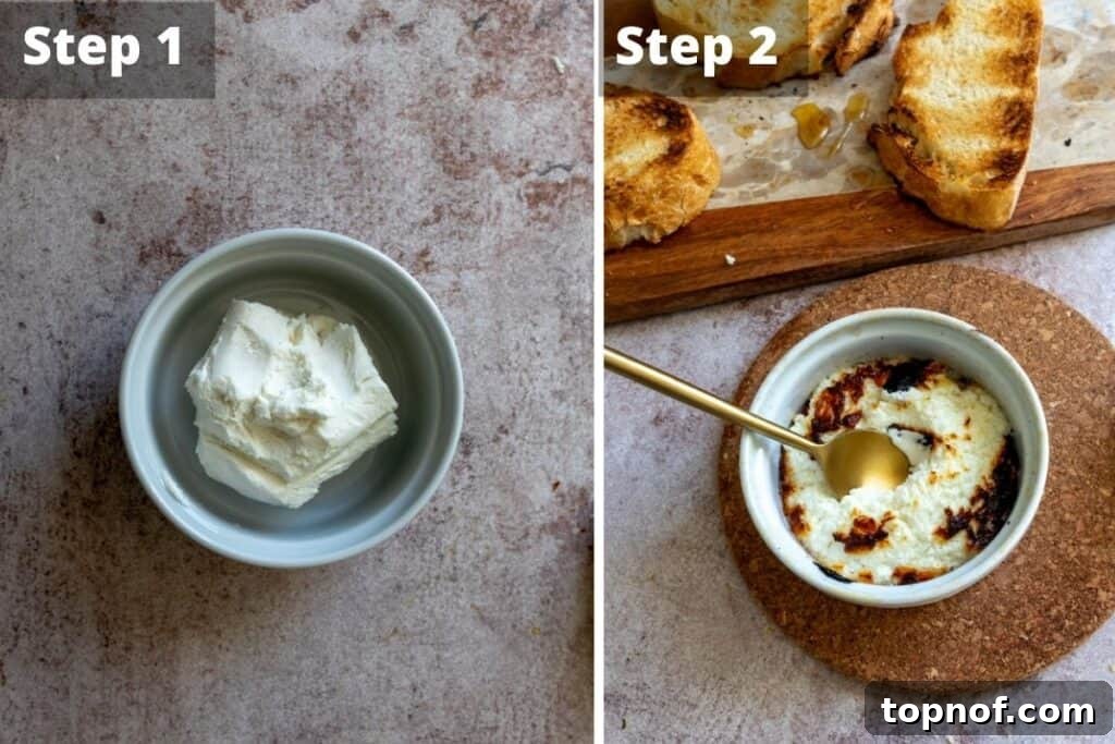 Steps to make baked goat cheese, showing goat cheese in a ramekin and then spread on toast.