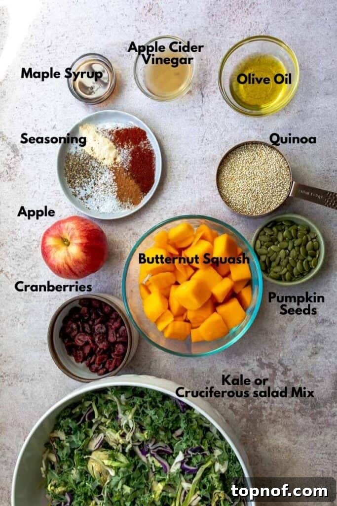 A selection of fresh ingredients including butternut squash, kale, apples, and spices for Fall Harvest Salad.