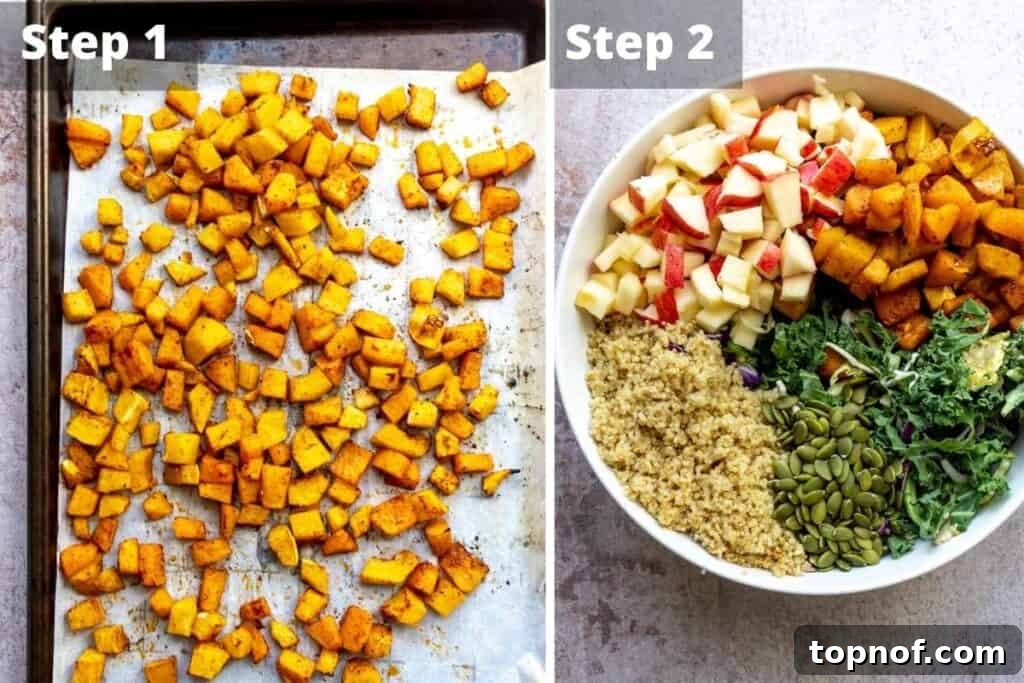 Preparation steps for making the Fall Harvest Salad, showing ingredients being chopped and mixed.
