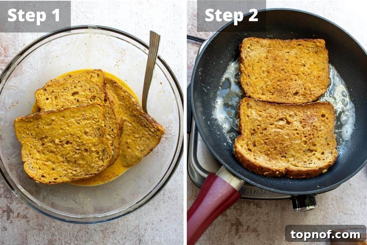 Ultimate Pumpkin Spice French Toast 4 A collage of images showing bread soaking in pumpkin spice batter and then cooking in a hot skillet with melted butter.