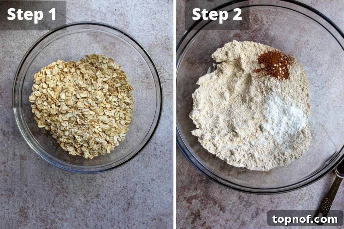 Apple Pie Waffles 5 Step-by-step photos illustrating the process of making apple waffles, showing blending oats and mixing dry ingredients.