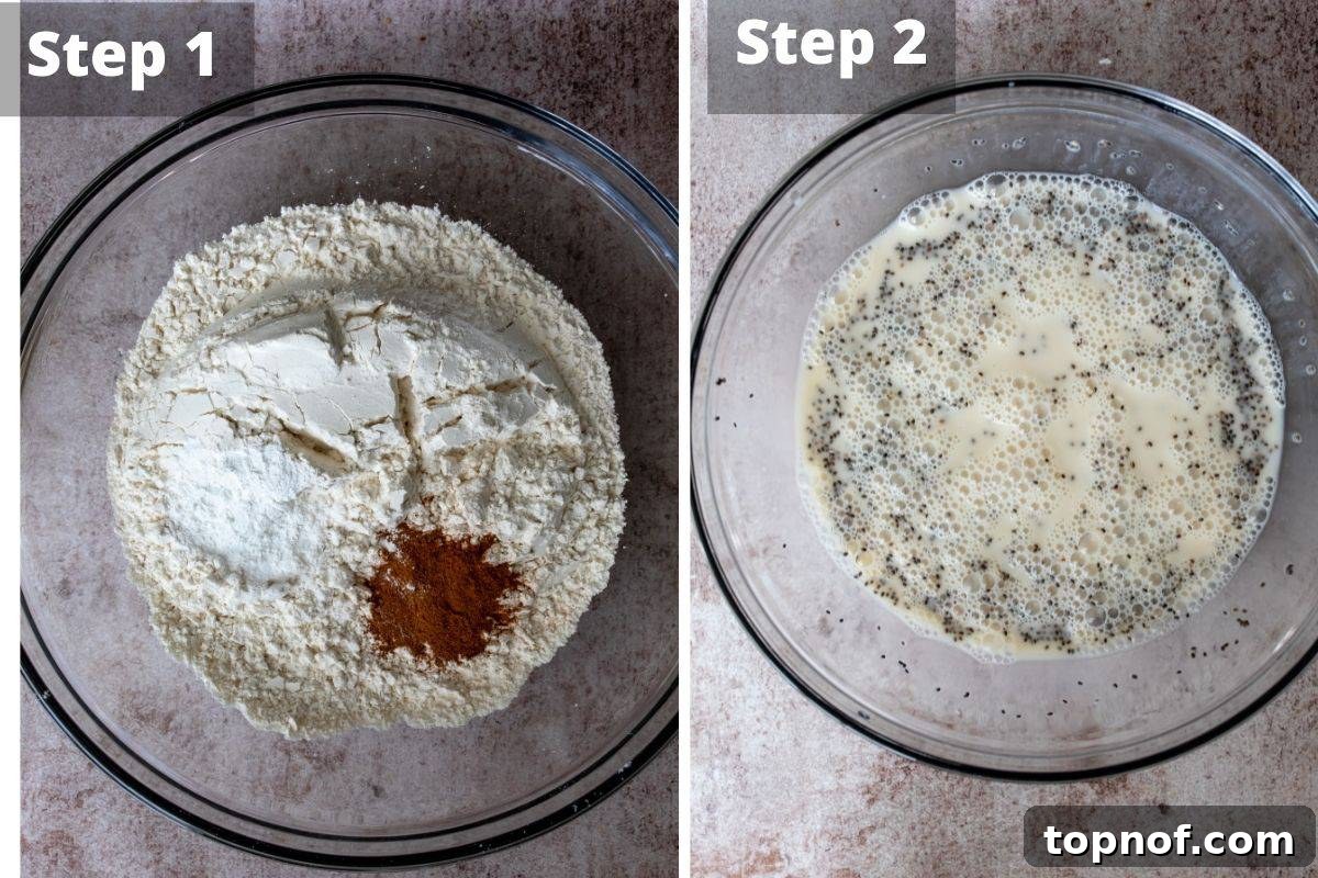 Ultimate Vegan Banana Cake 4 Images showing the process of mixing ingredients for vegan banana cake.