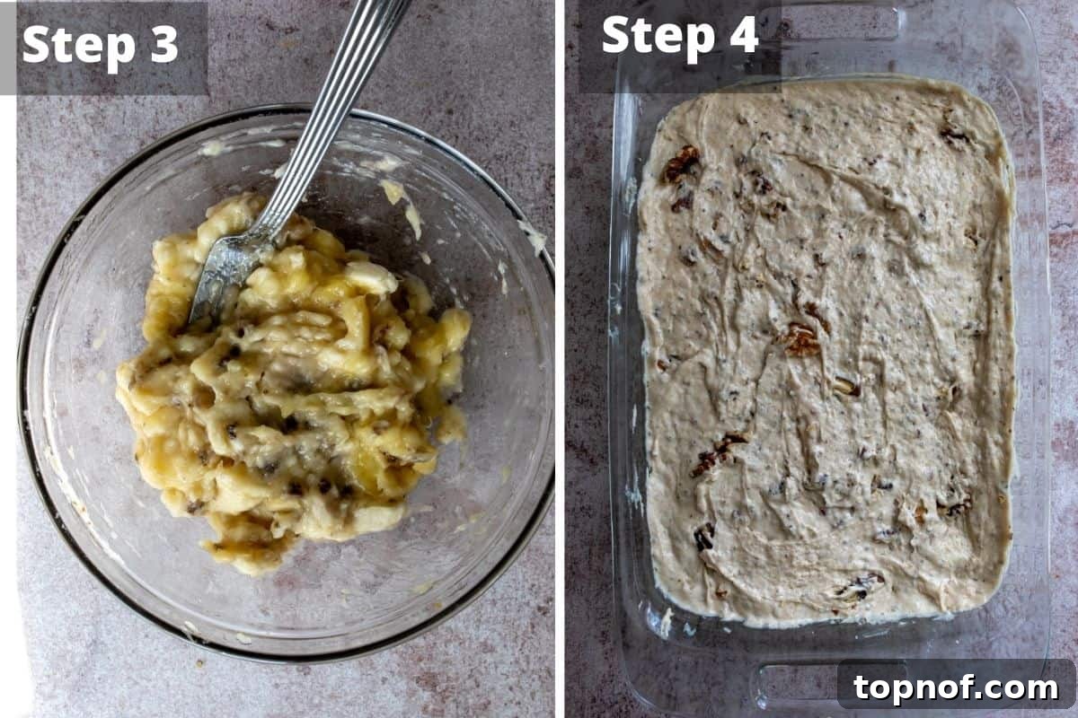 Ultimate Vegan Banana Cake 5 Additional steps in making vegan banana cake, showing wet ingredients being combined.
