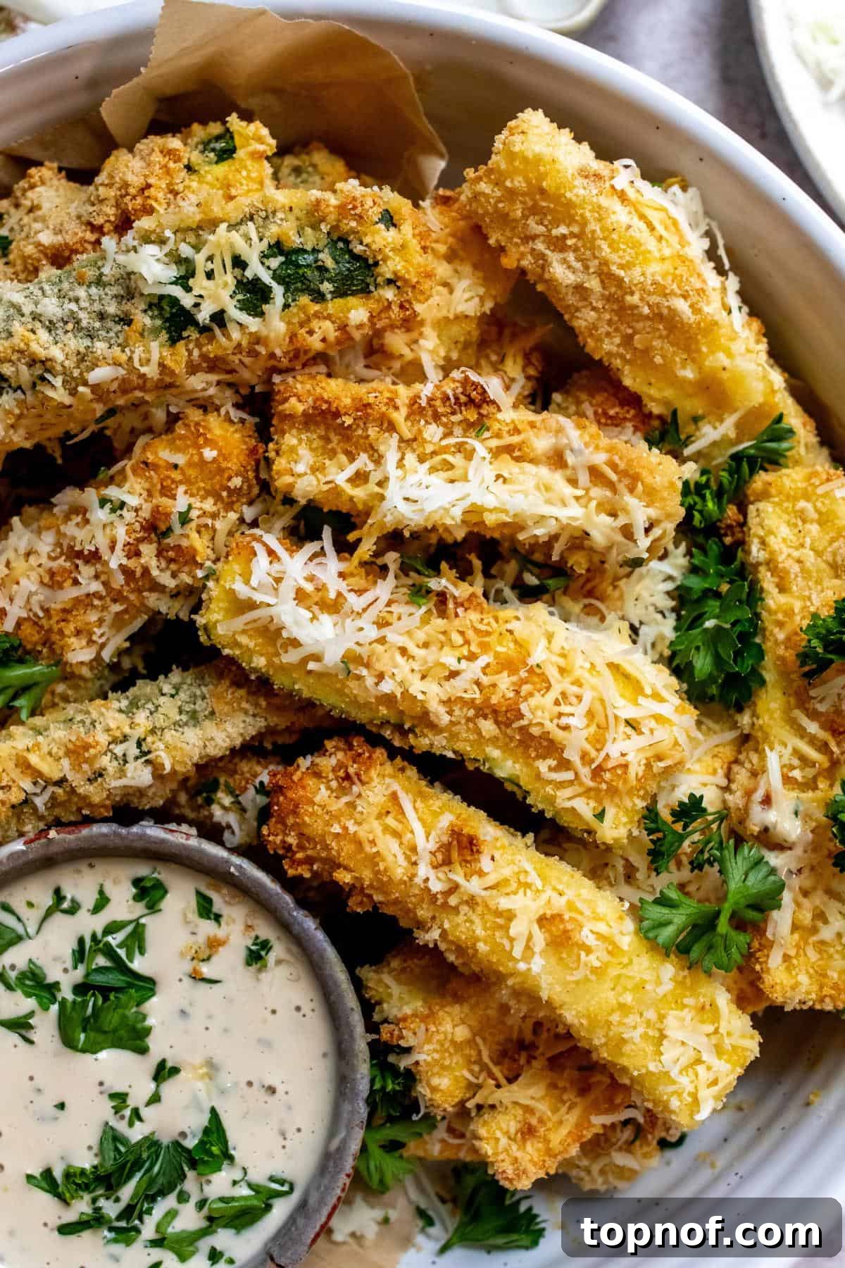 Crunchy Air-Fried Zucchini Sticks 5 Air fryer Zucchini fries on a plate with dip.