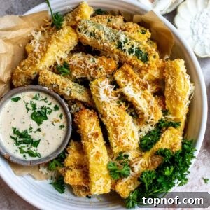 Air fryer Zucchini fries on a plate with dip.