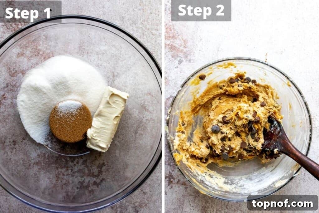 Visual steps to prepare the vegan skillet cookie dough, showing ingredients being mixed together in a large glass bowl, illustrating the process before it goes into the skillet.