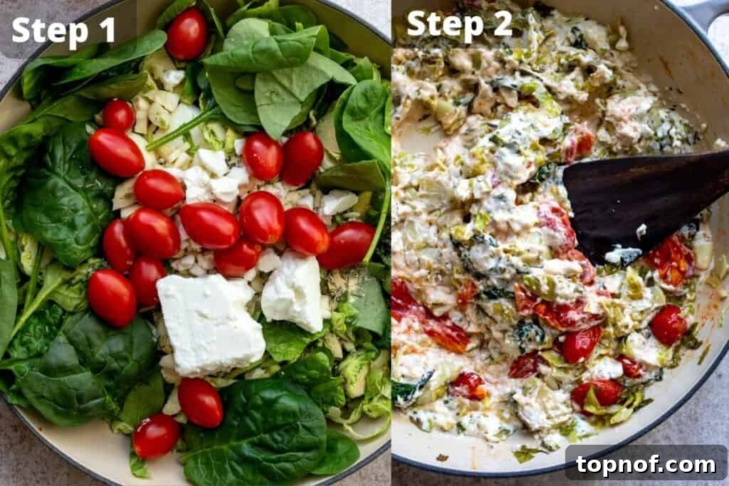 Feta and vegetables baking in a cast iron skillet.