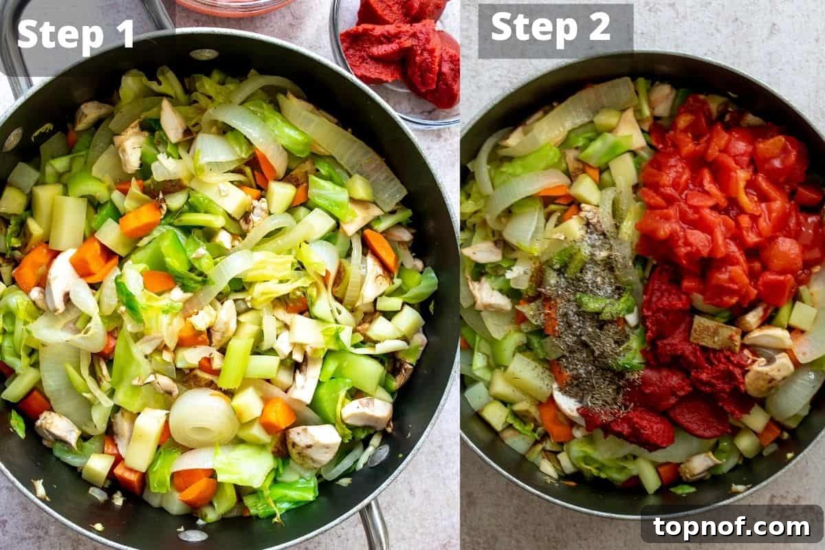 Garden Goodness Stew 4 Various steps of making veggie stew in a large pot, showing vegetables simmering.