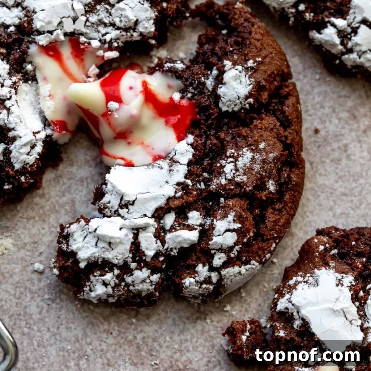 Fudgy Chocolate Crinkle Cookies 6 Close up of a finished brownie crinkle cookie with a candy cane kiss in the center, ready to be enjoyed.
