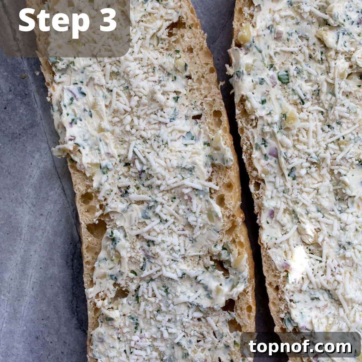 Crispy Air Fryer Garlic Bread 5 Step three to make Easy Air Fryer Garlic Bread, showing buttered bread ready for air frying.