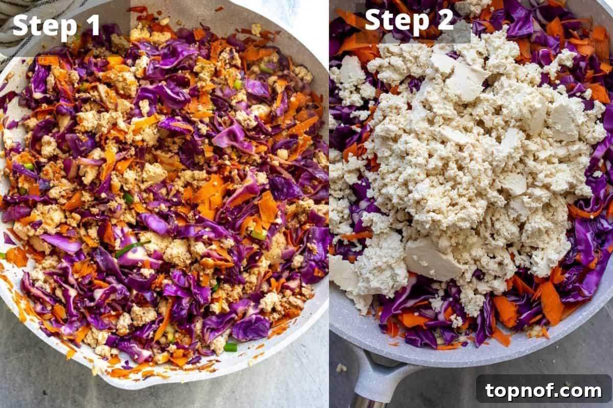 Visual steps one and two for preparing vegetarian egg rolls, showing chopped vegetables and the sautéing process in a skillet.