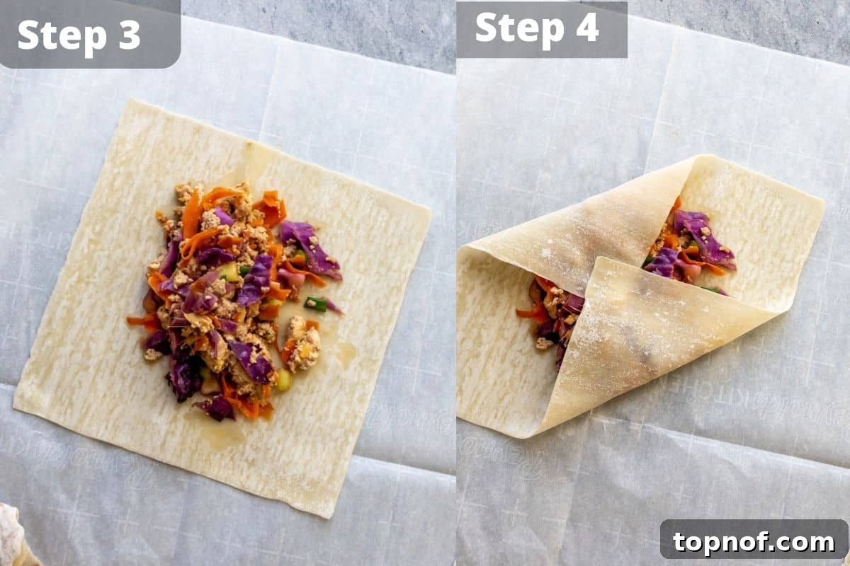 Visual steps three and four for vegetarian egg rolls, demonstrating the precise wrapping technique.