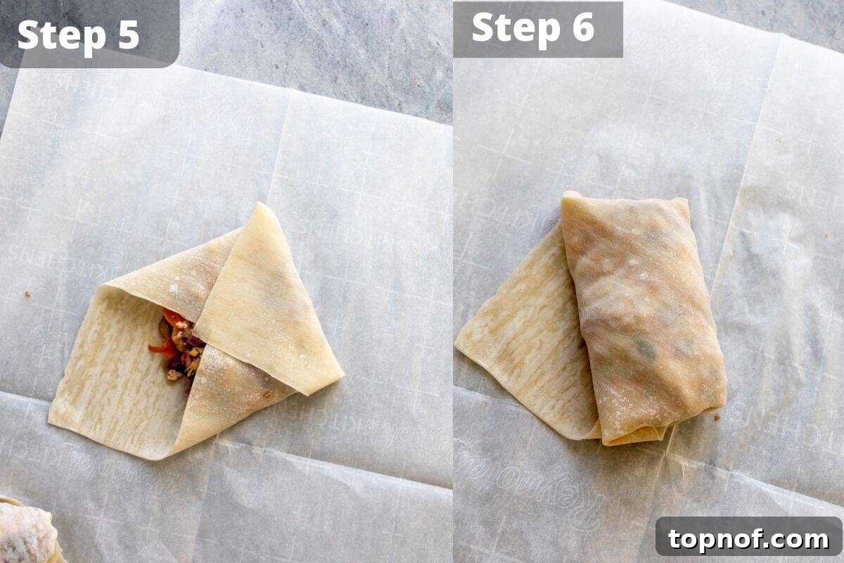Visual steps five and six for cooking vegetarian egg rolls, showcasing the air frying process.
