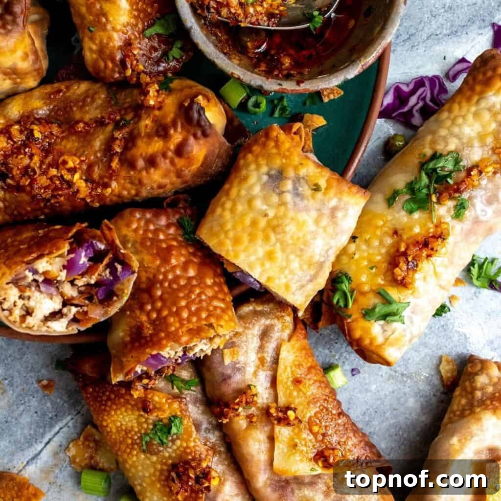 Close-up shot of cooked vegetarian egg rolls, highlighting their crispy texture and delicious filling, ready to be enjoyed.