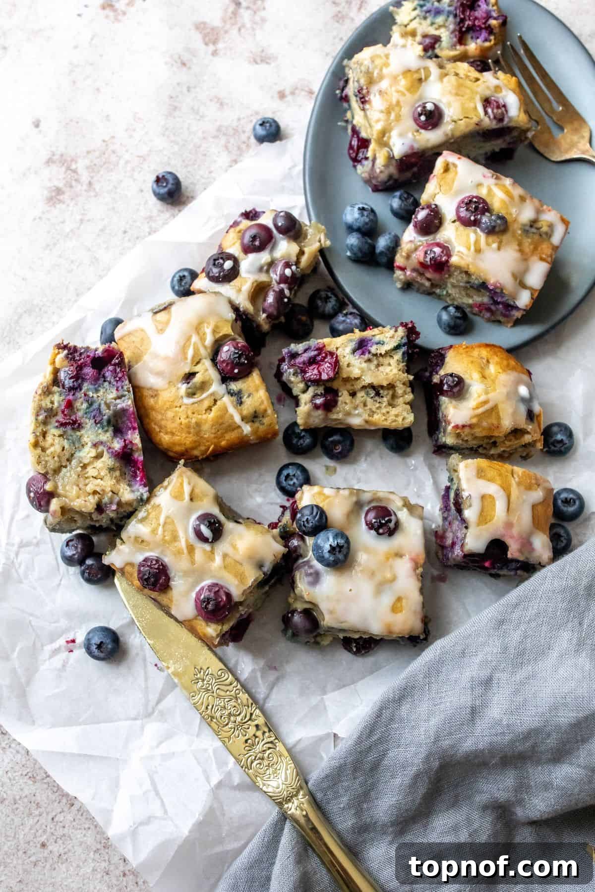 Blueberry Tahini Dream Cake 2 A beautifully baked blueberry tahini breakfast cake, sliced and ready to serve.