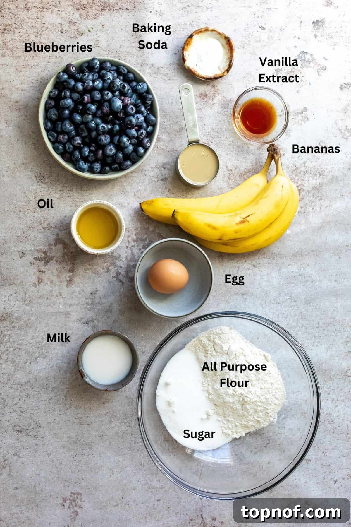 Blueberry Tahini Dream Cake 3 Ingredients for blueberry breakfast cake on a grey counter, neatly arranged.