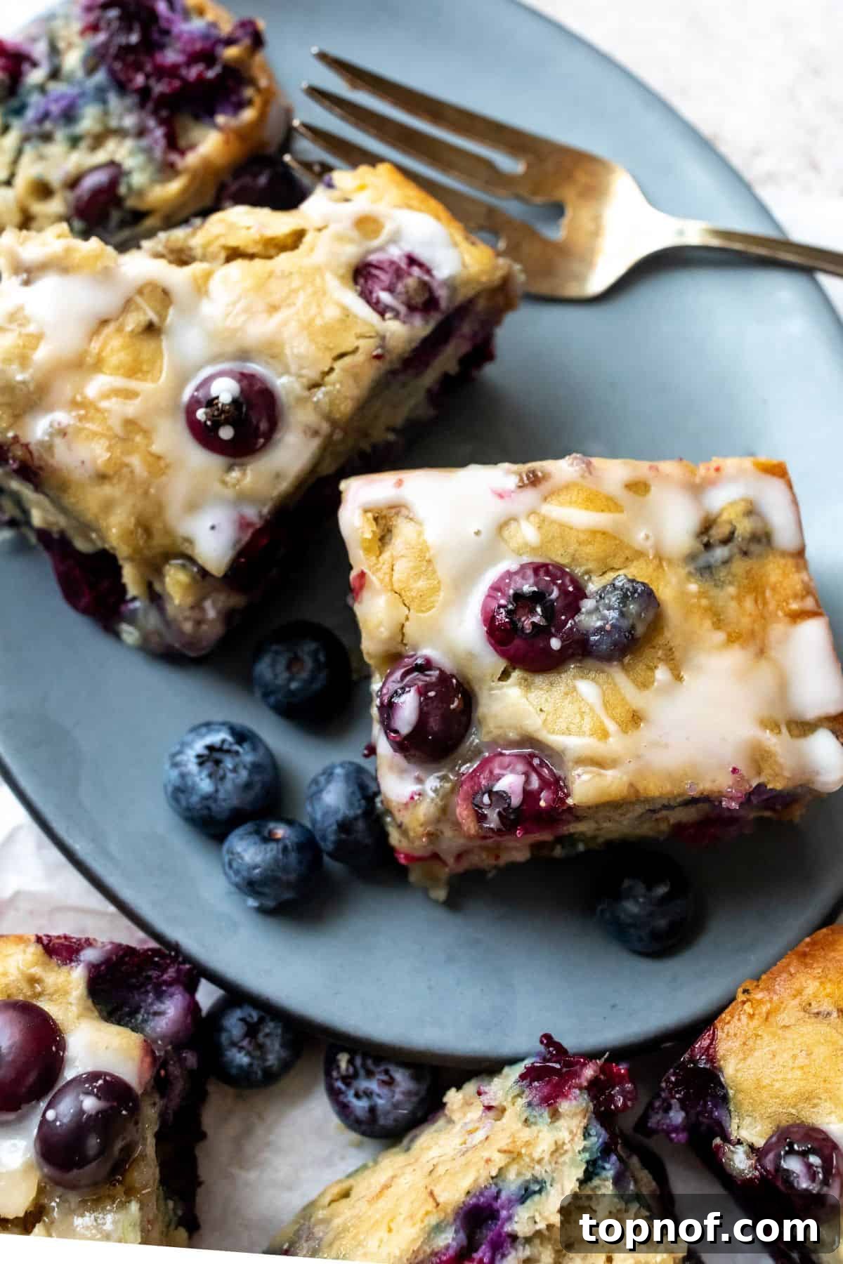 Blueberry Tahini Dream Cake 6 A slice of tahini cake on a grey plate with a small fork, ready to be enjoyed.