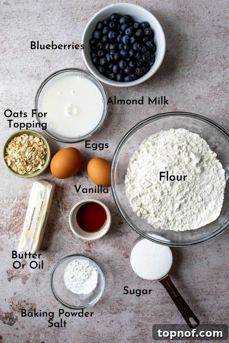 Vegan Blueberry Bliss Muffins 3 Dairy Free Muffins Ingredients in bowls on a counter, displaying essential items like flour, sugar, oil, blueberries, and other baking necessities.
