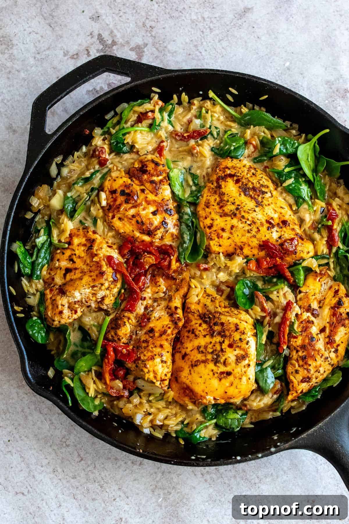 Chicken and orzo skillet with sun dried tomatoes and spinach. A perfect one-pan meal.