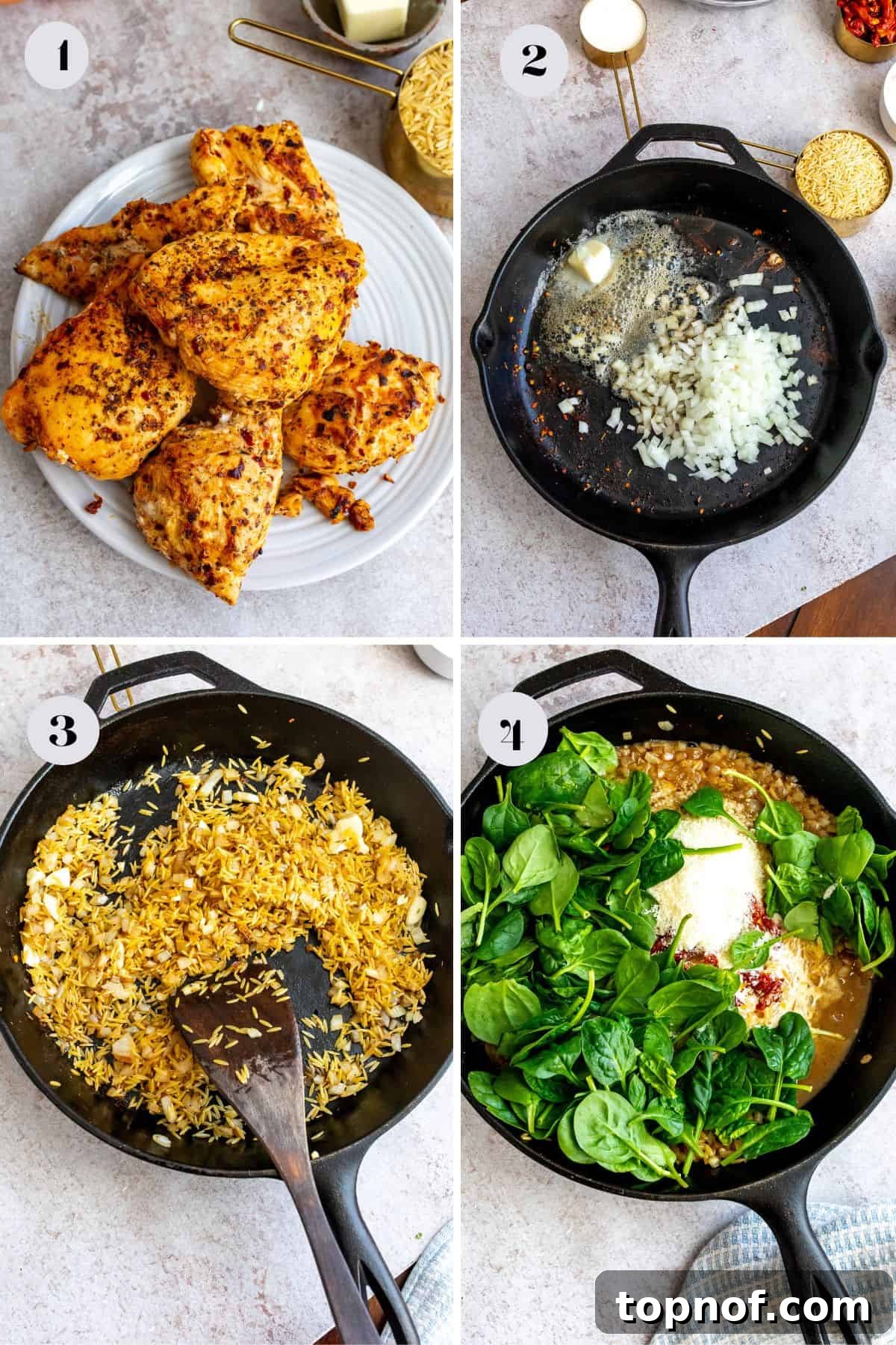 Black cast iron skillet with chicken and orzo in it cooking. The ingredients are perfectly combined and simmering.