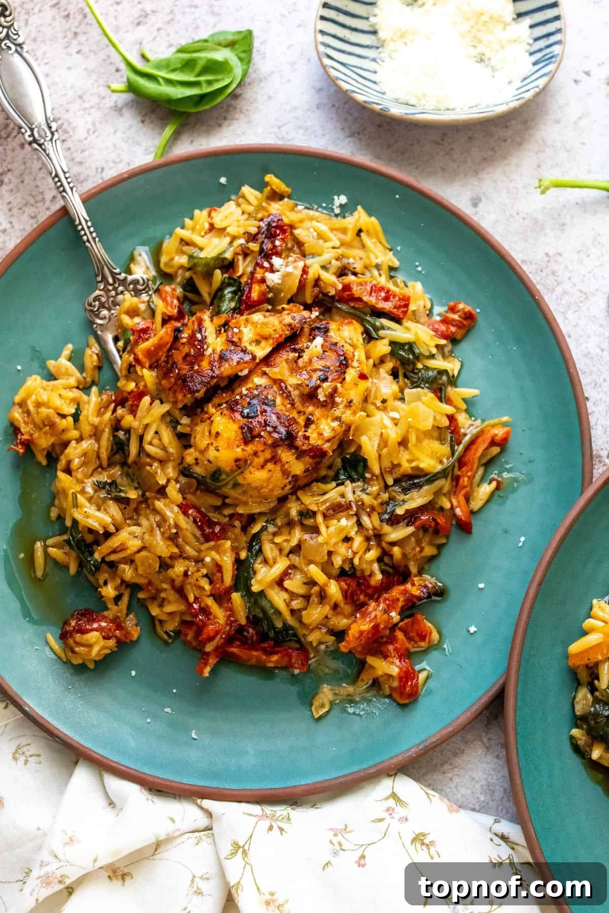 Close-up of a serving of Chicken and Orzo Skillet, showing the creamy texture and vibrant ingredients.