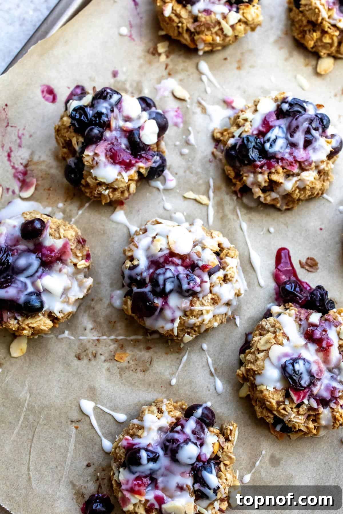 Wholesome Blueberry Oat Delights 2 Irresistible Blueberry Oat Cookies with a delicate icing drizzle on top, ready to be enjoyed.