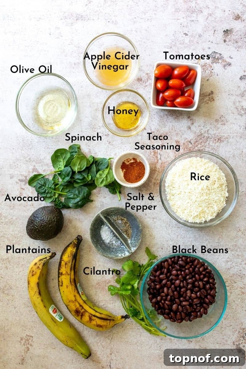 All the fresh ingredients laid out for making vegan rice bowls, including ripe plantains, spinach, tomatoes, avocado, and spices.