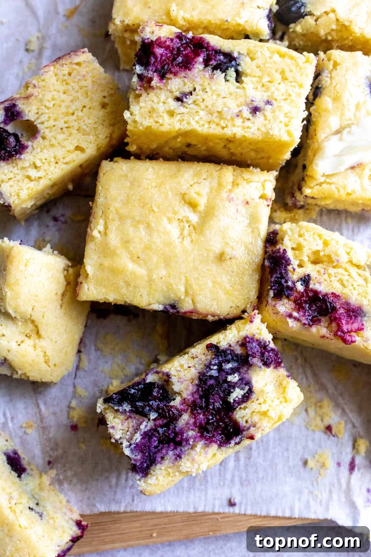 Fluffy Dairy-Free Cornbread with Optional Sweet Blueberries 2 Vegan Cornbread with blueberries up close.
