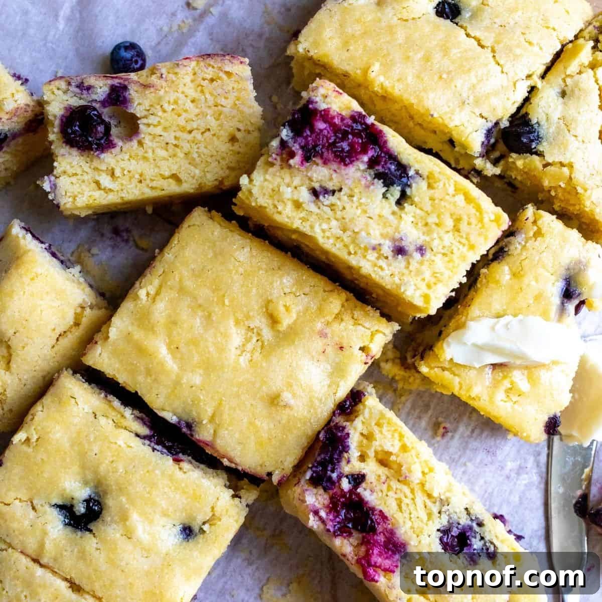 Fluffy Dairy-Free Cornbread with Optional Sweet Blueberries 5 vegan cornbread with butter on parchment paper.