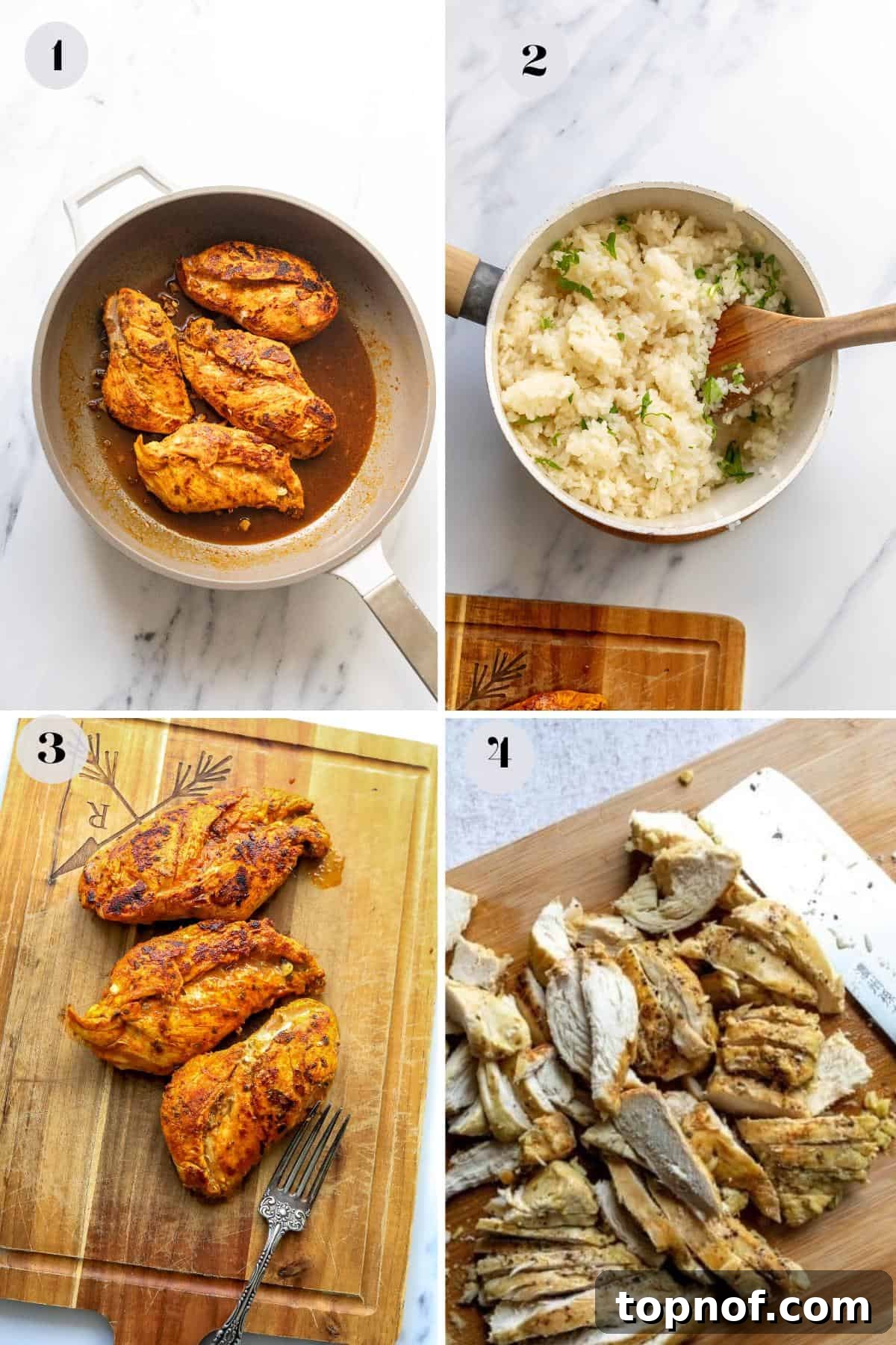 Cooking Steps for Mediterranean Chicken Bowl Sequence of images showing the process of cooking chicken in a skillet and preparing rice in a saucepan for the Mediterranean Bowl.