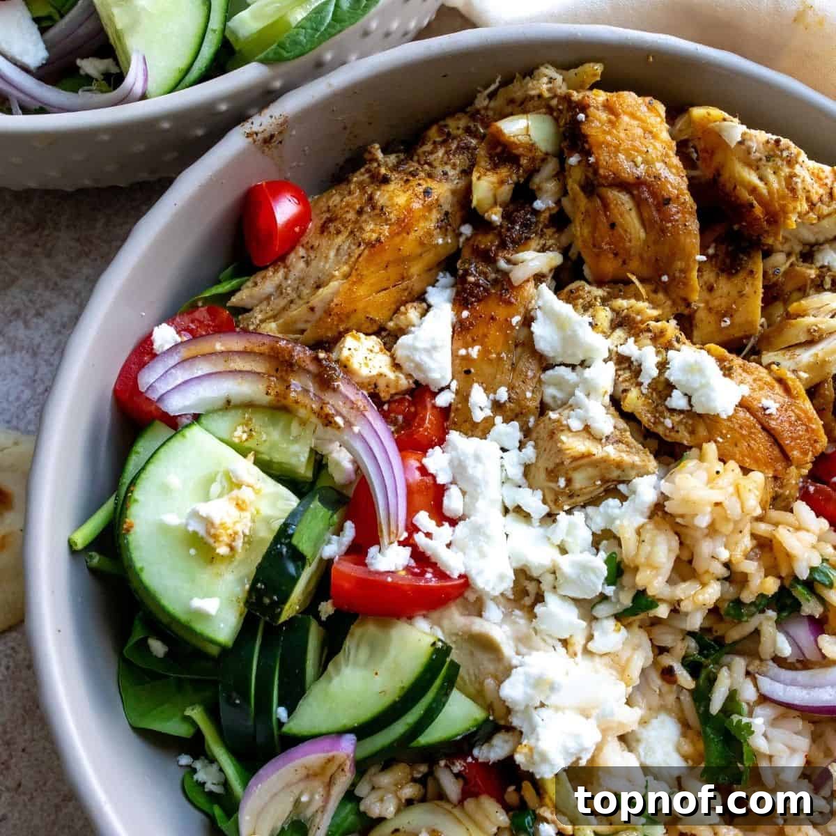 Finished Mediterranean Chicken Bowl A beautifully arranged Mediterranean Bowl on a wooden table, featuring sliced chicken, cilantro rice, fresh cucumber, tomato, feta, and hummus. Ready to be enjoyed.