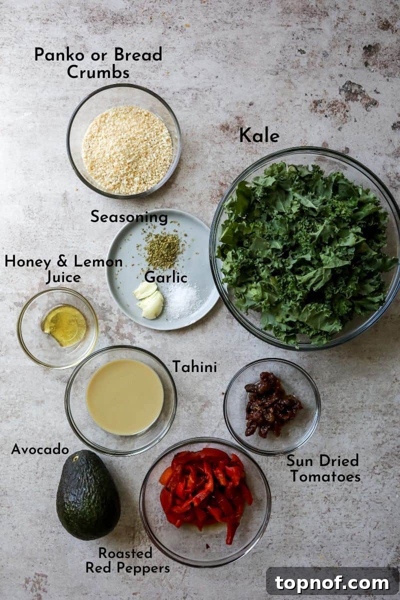 Vibrant Kale with Smoky Red Pepper Dressing 3 Roasted Red Pepper and kale salad ingredients in bowls.