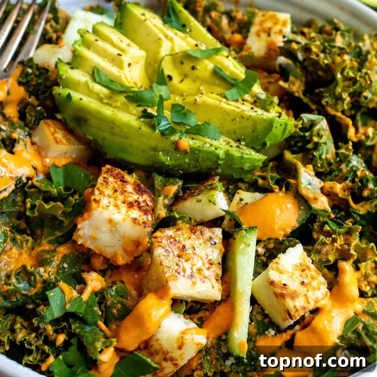 Vibrant Kale with Smoky Red Pepper Dressing 5 Kale Salad With Roasted Red Pepper Dressing up close in a bowl.