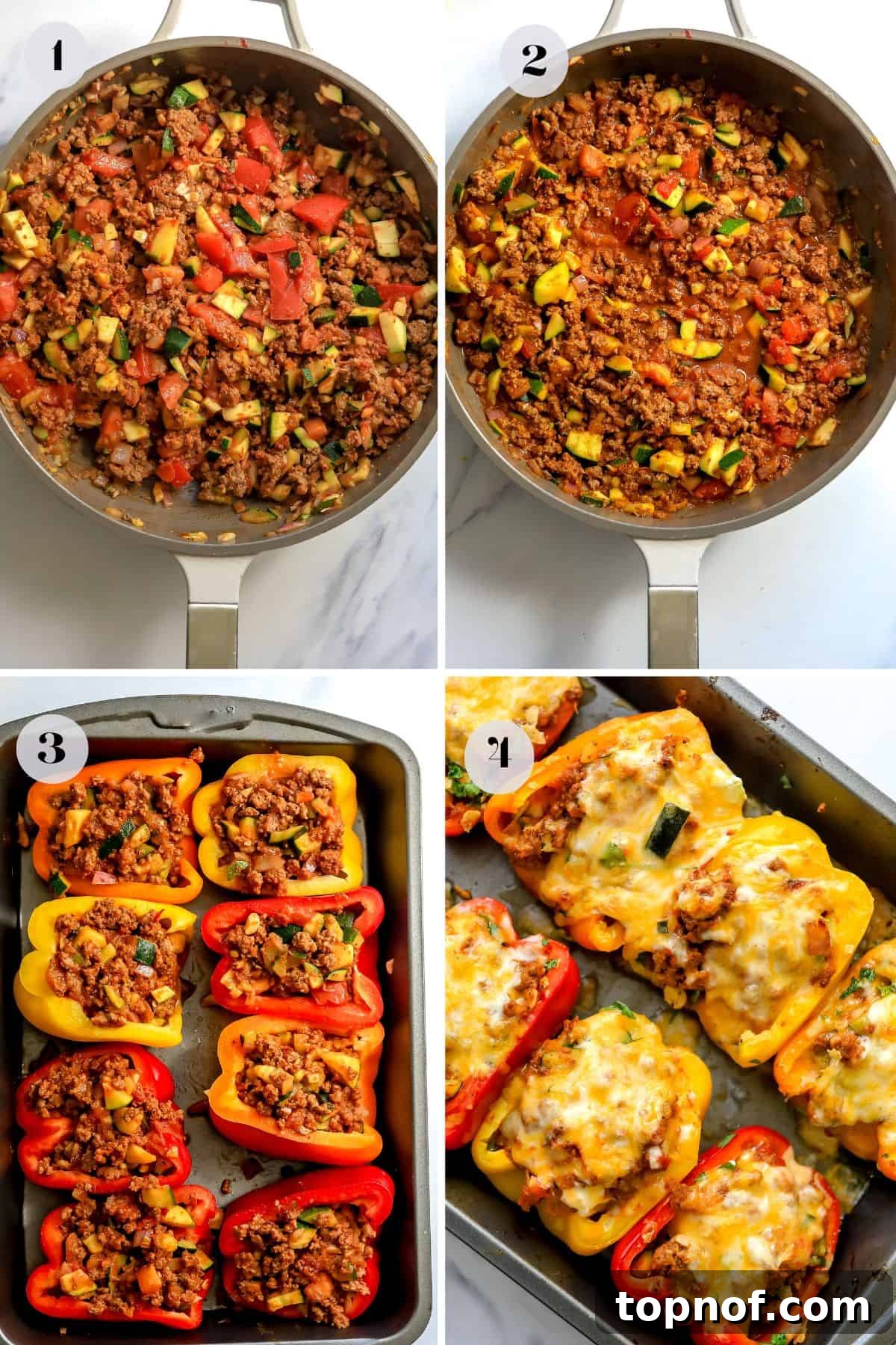 Fiesta Taco Stuffed Peppers 4 Four sequential photos showing the steps to make taco stuffed peppers: browning meat, adding vegetables and sauce, filling the peppers, and peppers topped with cheese in a baking dish.