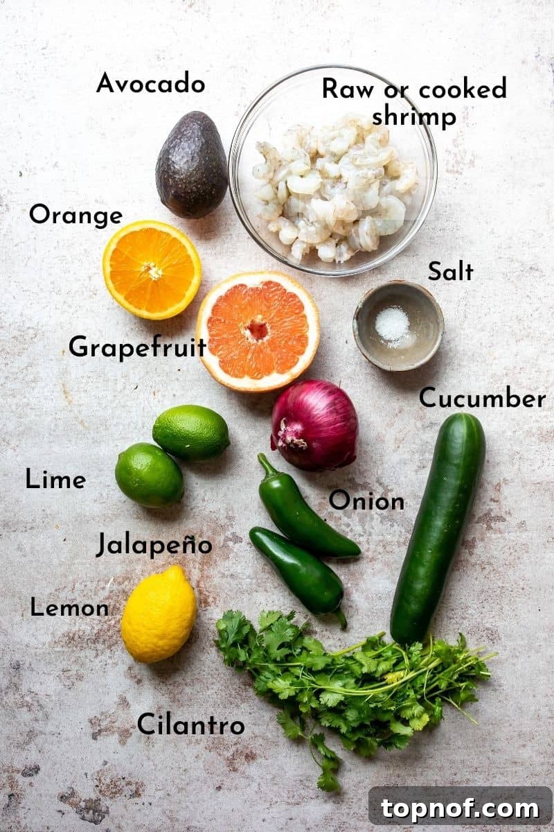 Fresh ingredients laid out on a white surface, including shrimp, various citrus fruits, cucumber, red onion, cilantro, and avocado, ready for making shrimp ceviche.