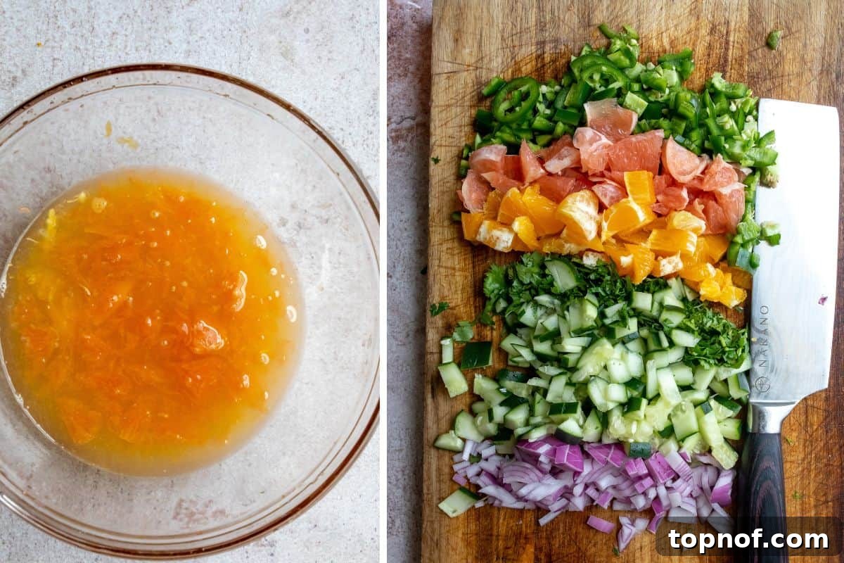 Detailed steps showing fresh citrus being juiced, shrimp being prepared, and vegetables being chopped on a cutting board for Mexican Shrimp Ceviche.