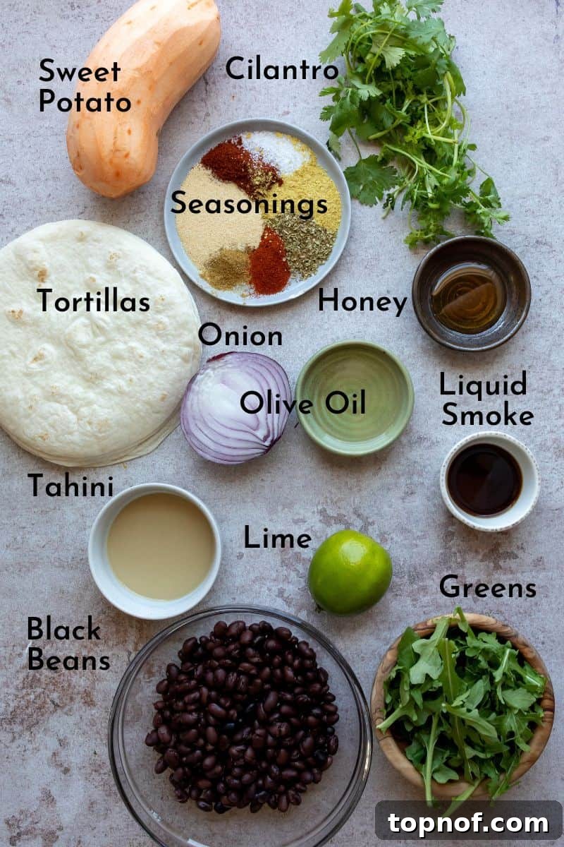 Plant-Powered Smoky Sweet Potato and Black Bean Tacos 3 Sweet Potato Black Bean Tacos Ingredients on a counter