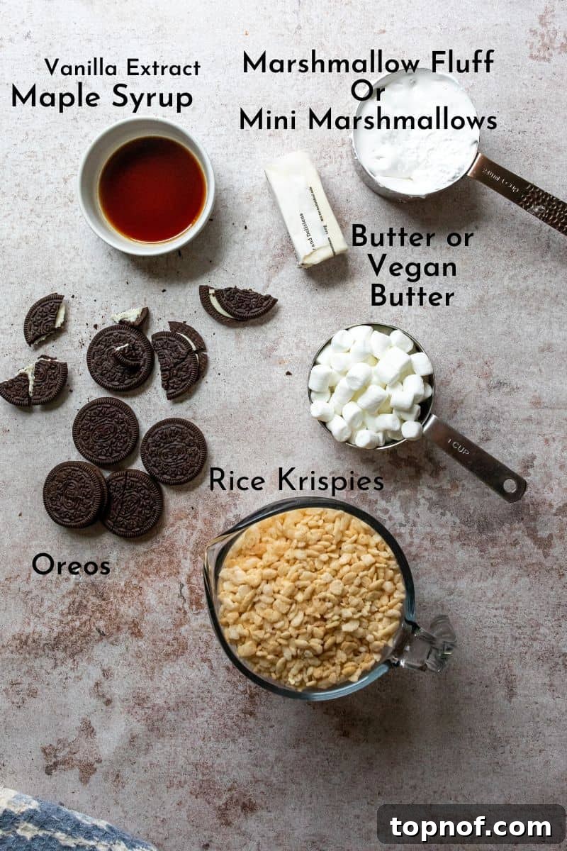 Oreo Rice Krispie Treats Ingredients laid out on a kitchen counter.