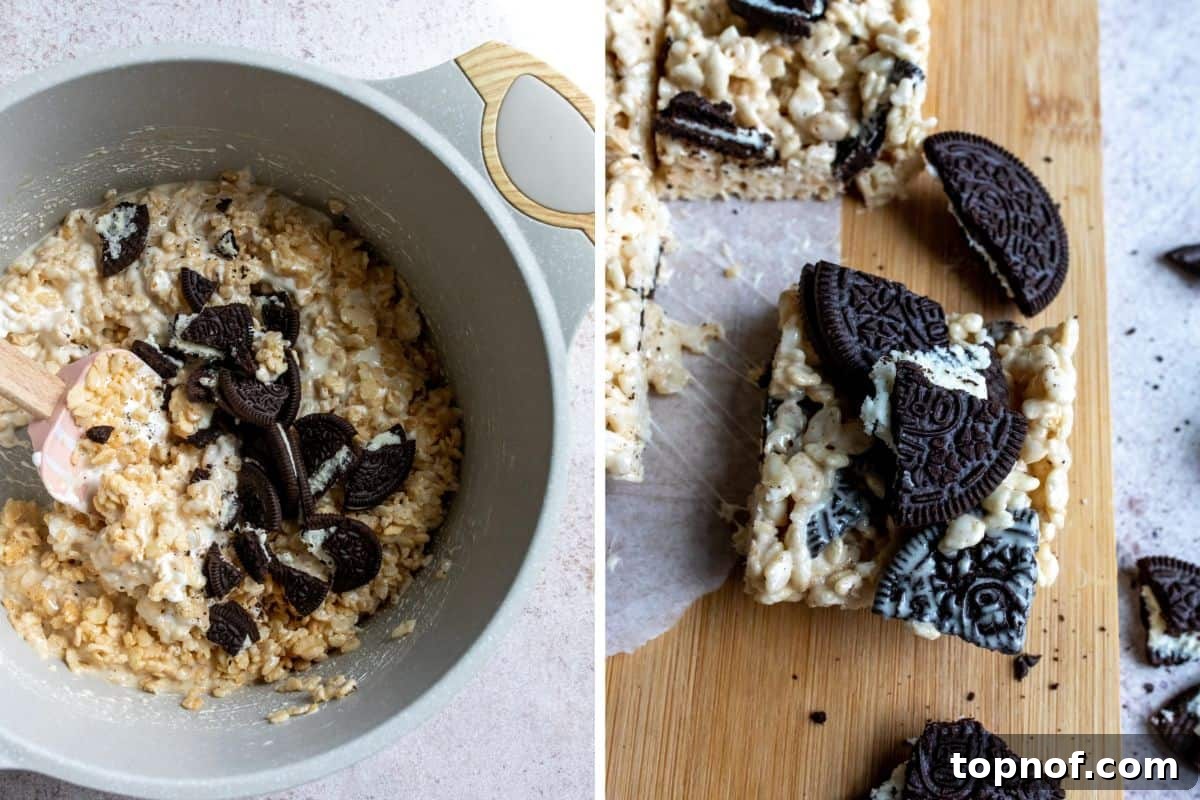 Oreo Rice Krispie Treats Steps to make, showing the melted marshmallow mixture.