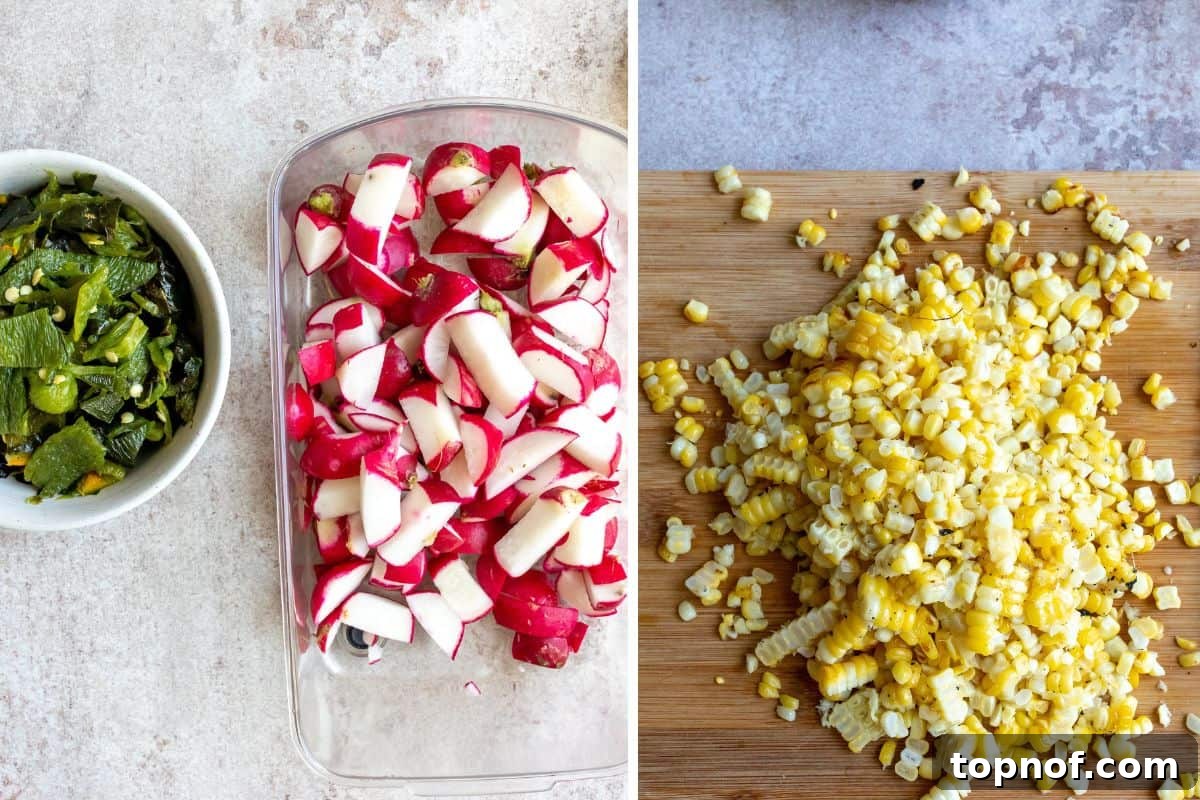 Charred Corn and Poblano Salad 4 Three steps showing the process of making Roasted Corn Salad with Poblano Peppers: roasting ingredients, chopping, and mixing in a bowl.