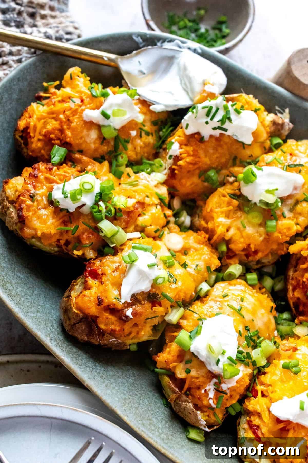 Air Fryer Twice Baked Potatoes on a serving tray with a dollop of sour cream and fresh herbs.