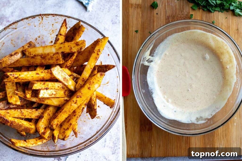 Ultimate Crispy Homemade Fries 4 Fries being tossed with seasoning in a large bowl, illustrating the coating process.