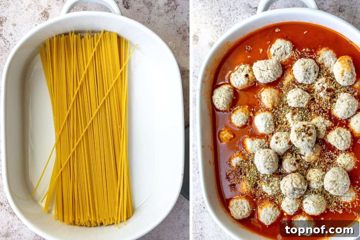 Cheesy Baked Spaghetti and Meatball Casserole 4 Step-by-step images showing how to prepare baked spaghetti and meatballs in a single white baking dish.